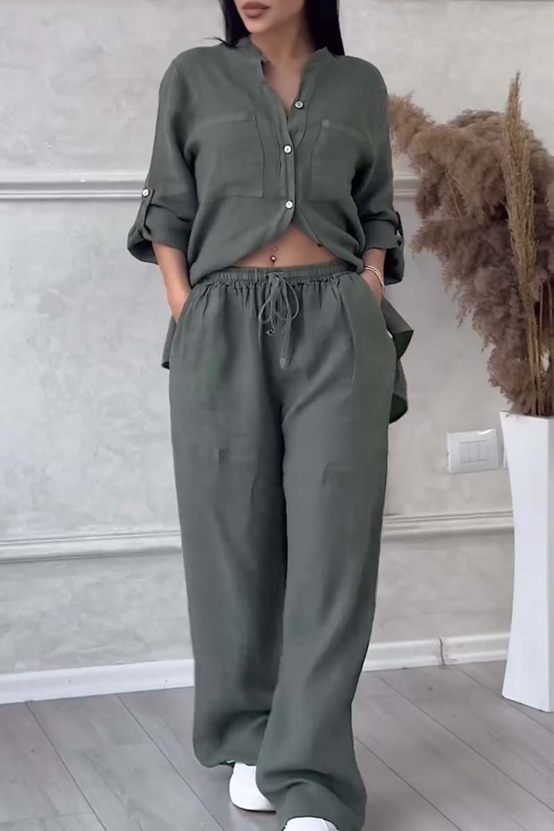 Trendy women's linen two-piece set with blouse & wide trousers – Lina-Army green-S-State of Style