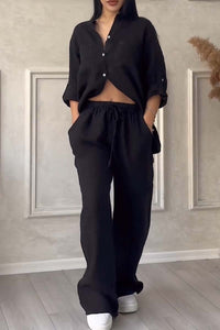 Trendy women's linen two-piece set with blouse & wide trousers – Lina-Black-S-State of Style