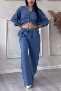 Trendy women's linen two-piece set with blouse & wide trousers – Lina-Blue-S-State of Style