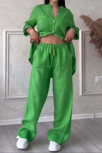 Trendy women's linen two-piece set with blouse & wide trousers – Lina-Green-S-State of Style