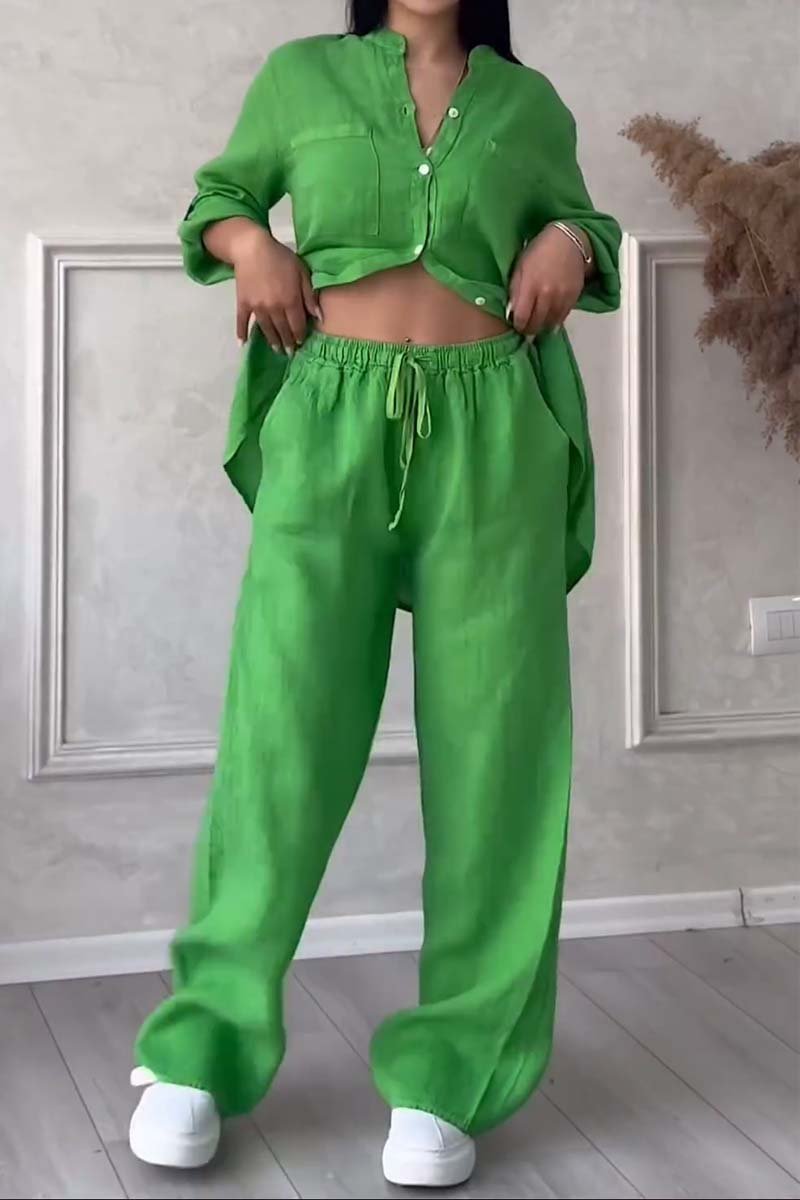 Trendy women's linen two-piece set with blouse & wide trousers – Lina-Green-S-State of Style