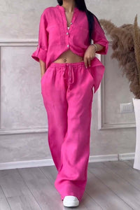Trendy women's linen two-piece set with blouse & wide trousers – Lina-Pink-S-State of Style