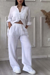 Trendy women's linen two-piece set with blouse & wide trousers – Lina-White-S-State of Style