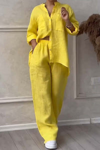 Trendy women's linen two-piece set with blouse & wide trousers – Lina-Yellow-S-State of Style