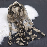 Trendy women's silk scarf with floral pattern and cut-out design – Fiora (1+1 FREE)-Beige leaves-State of Style