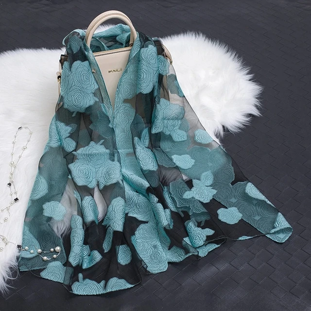 Trendy women's silk scarf with floral pattern and cut-out design – Fiora (1+1 FREE)-Blue Rose-State of Style