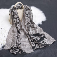 Trendy women's silk scarf with floral pattern and cut-out design – Fiora (1+1 FREE)-Flower gray-State of Style