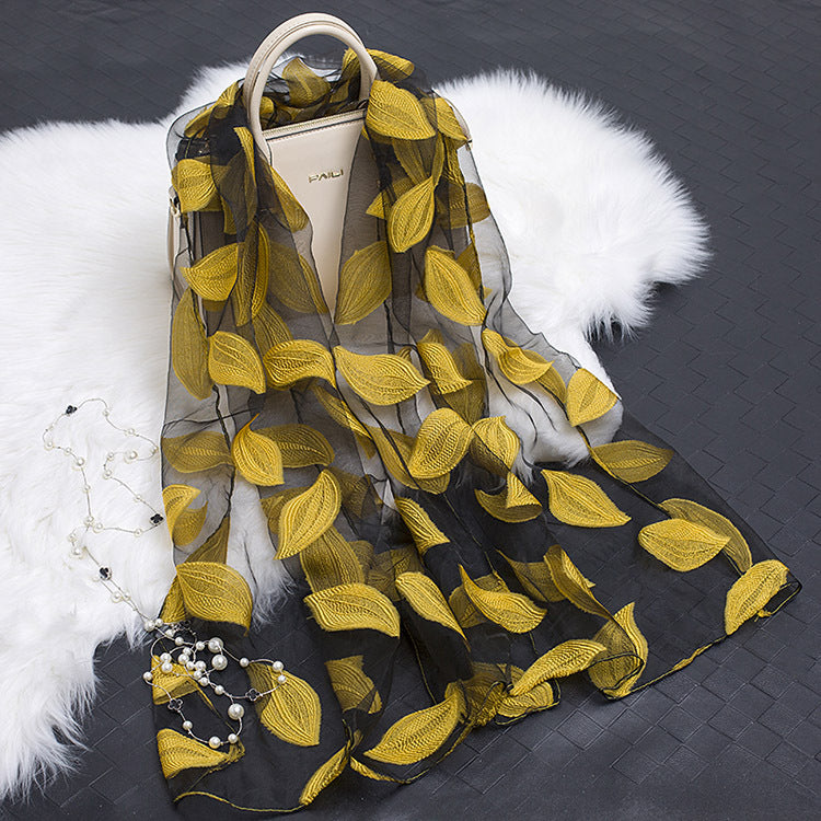 Trendy women's silk scarf with floral pattern and cut-out design – Fiora (1+1 FREE)-Yellow leaves-State of Style