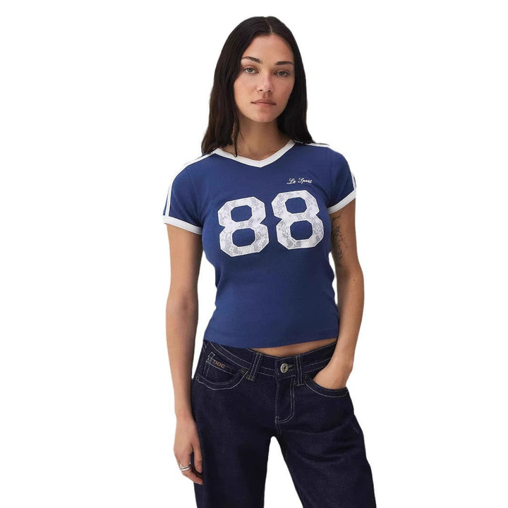Trendy women's T-shirt with lace detail & contrast sleeves – Yelina-L-State of Style