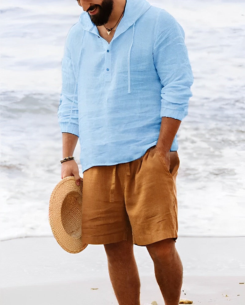Triton – Stylish Linen Shirt with V-Neck | Long Sleeve Linen Shirt-Blue-M-State of Style