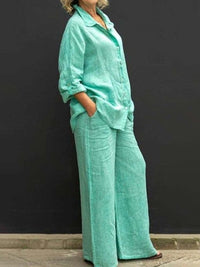 Two-piece cotton-linen women's suit summer - Linora-Green-S-State of Style