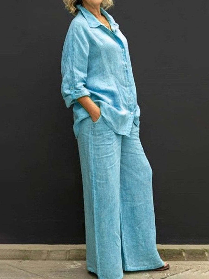Two-piece cotton-linen women's suit summer - Linora-Light blue-S-State of Style