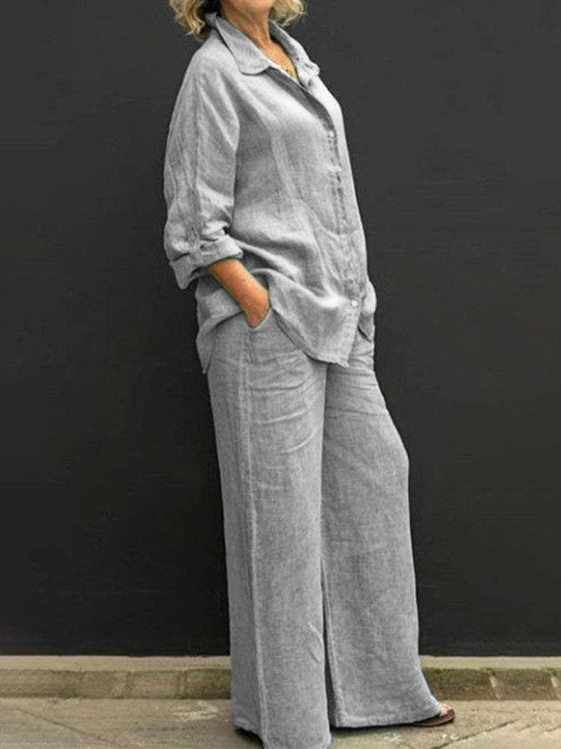 Two-piece cotton-linen women's suit summer - Linora-Light grey-S-State of Style