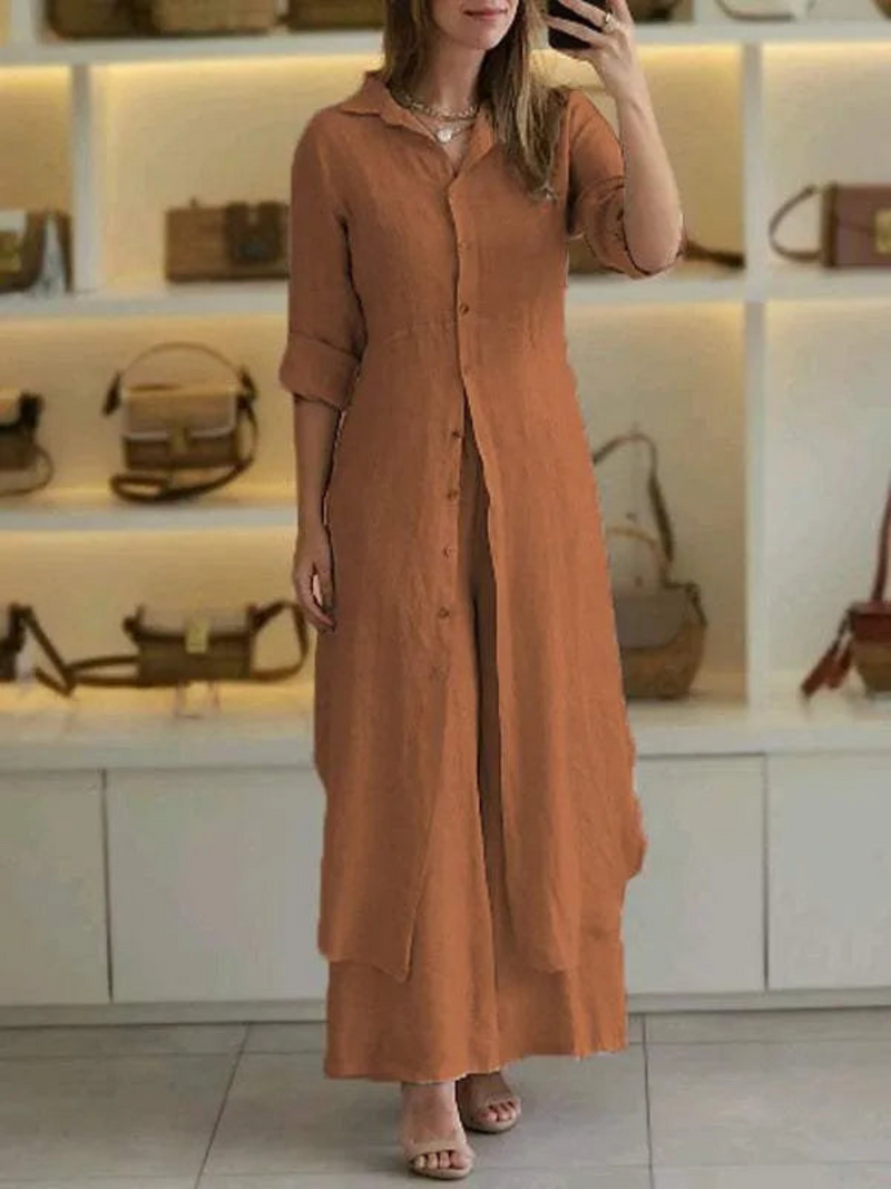 Two-piece ladies' summer set made of linen – Amaya-Brown-S-State of Style