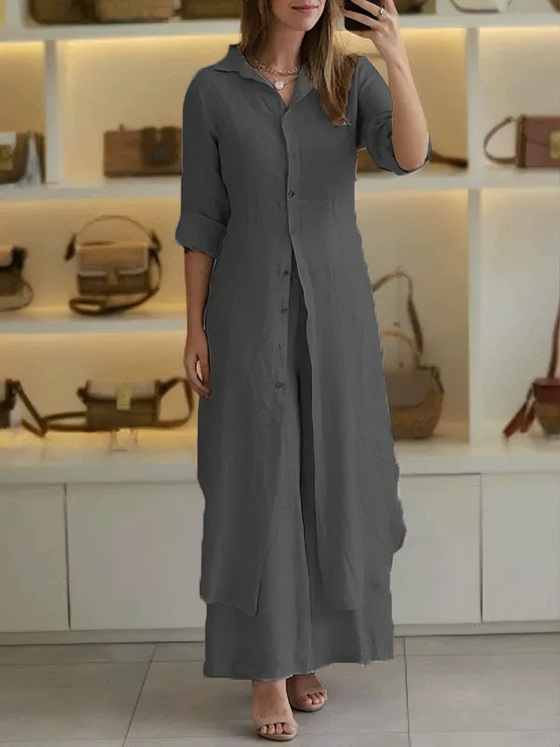 Two-piece ladies' summer set made of linen – Amaya-Dark grey-S-State of Style