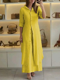 Two-piece ladies' summer set made of linen – Amaya-Yellow-S-State of Style