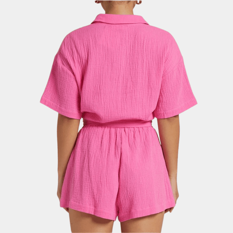 Two-piece ladies summer set with shirt and shorts – Noemi-Pink-XS-State of Style
