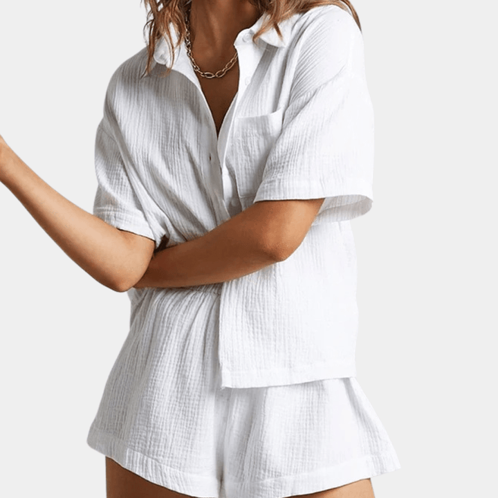 Two-piece ladies summer set with shirt and shorts – Noemi-White-XS-State of Style