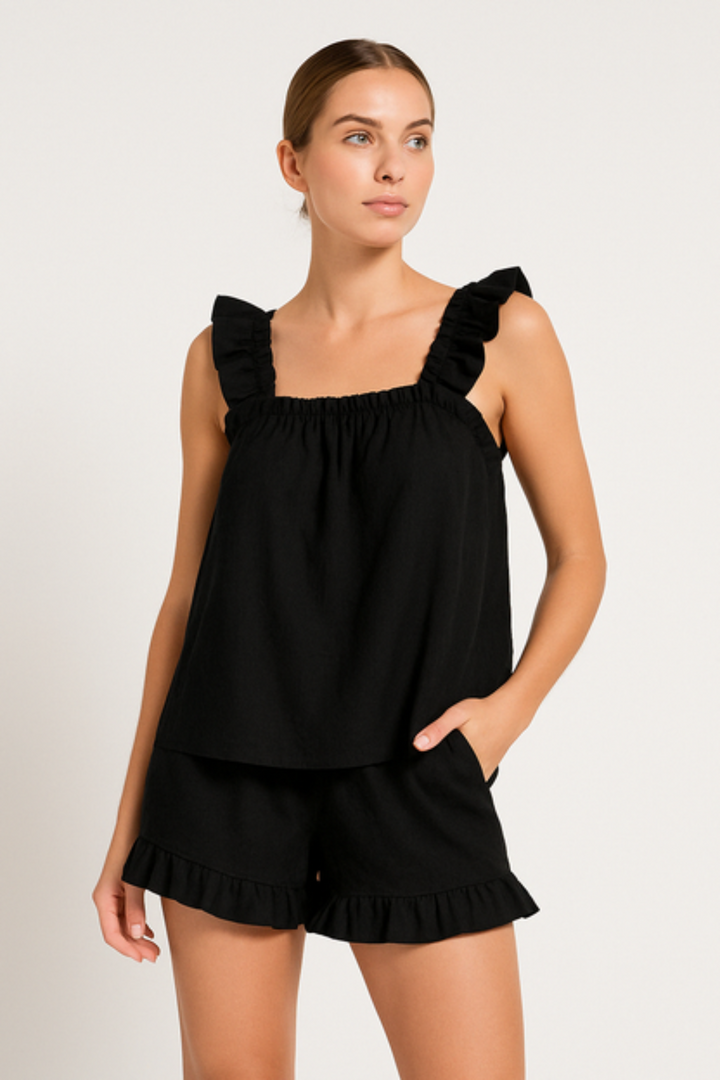 Two-piece ruffle pyjama set for summer – Nia-Black-S-State of Style