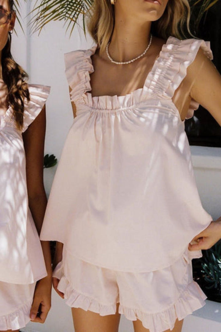 Two-piece ruffle pyjama set for summer – Nia-Pink-S-State of Style