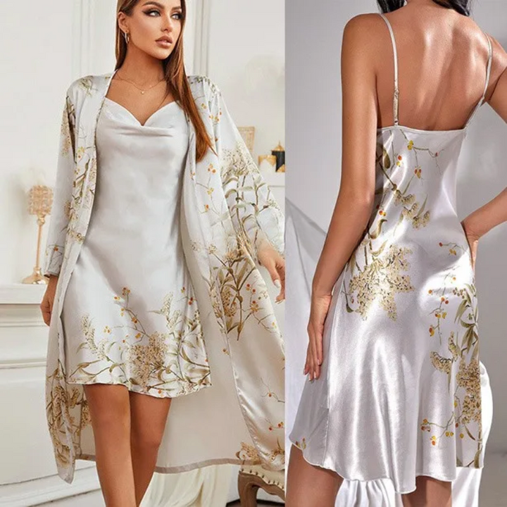 Two-Piece Satin Nightdress & Kimono Set with Floral Print – Noelle-Grey Set A-S-State of Style