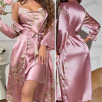 Two-Piece Satin Nightdress & Kimono Set with Floral Print – Noelle-Pink Set-S-State of Style