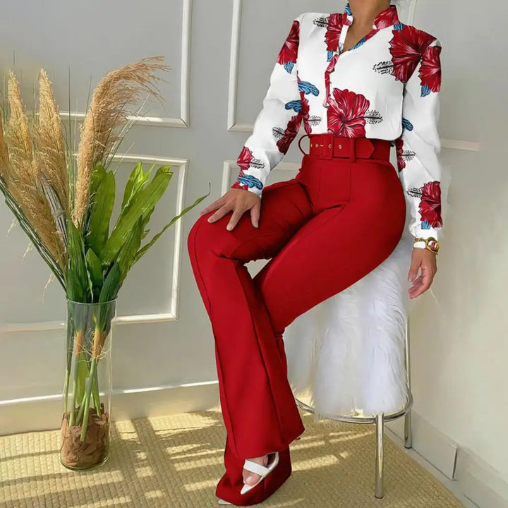 Two-Piece Set with Pants and Blouse - Livia-Red-XS-State of Style