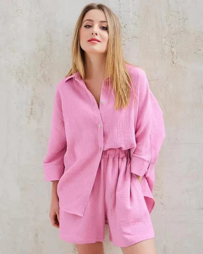 Two-piece summer combo with structure for women – Tabea-Pink-S-State of Style