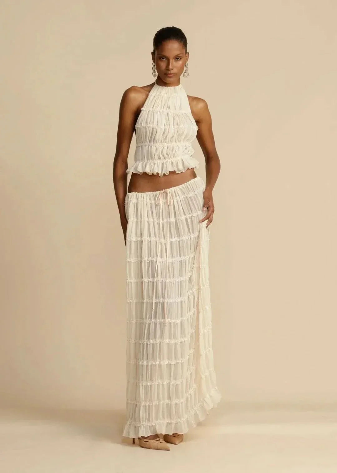 Two-piece summer outfit for women with boho skirt and off-the-shoulder top – Alina-White-S-State of Style