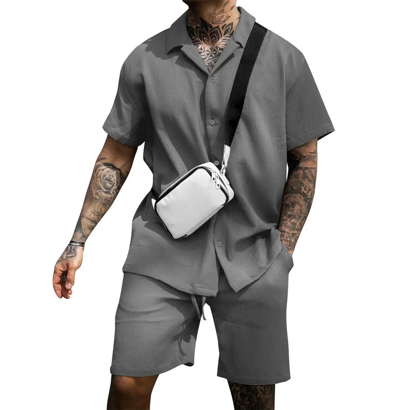 Two-piece summer set for men with shirt and shorts - Milan-Gray-S-State of Style