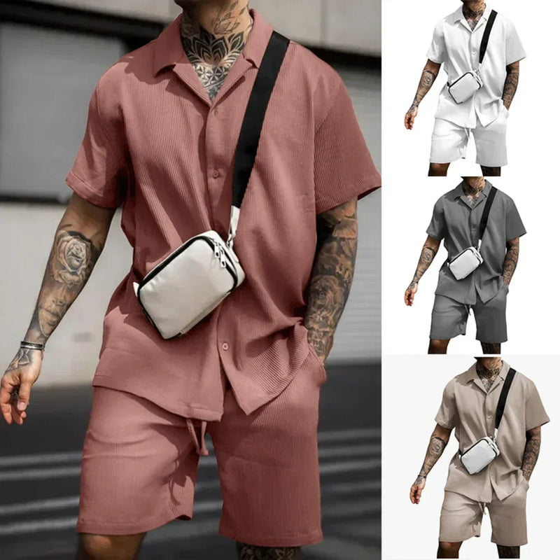 Two-piece summer set for men with shirt and shorts - Milan-Khaki-S-State of Style
