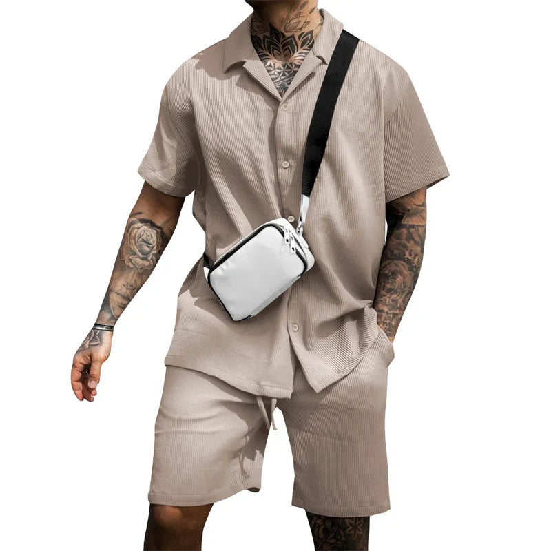 Two-piece summer set for men with shirt and shorts - Milan-Khaki-S-State of Style