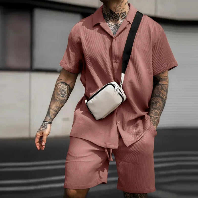 Two-piece summer set for men with shirt and shorts - Milan-Khaki-S-State of Style