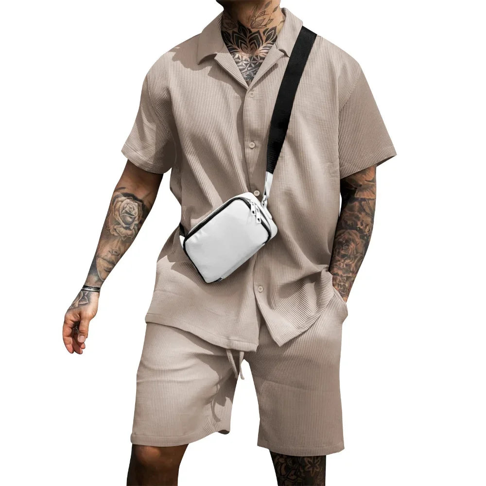 Two-piece summer set for men with shirt and shorts - Milan-Khaki-S-State of Style