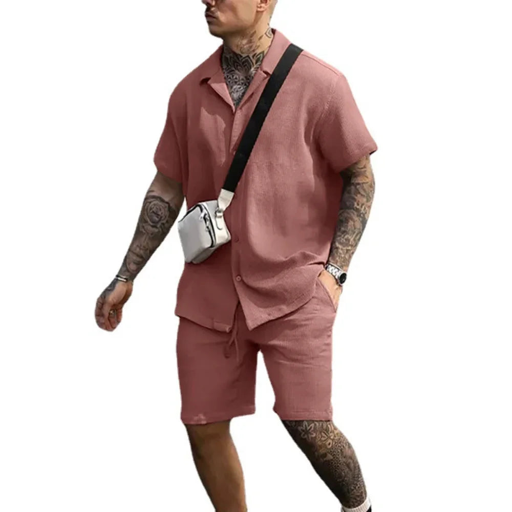 Two-piece summer set for men with shirt and shorts - Milan-Pink-S-State of Style