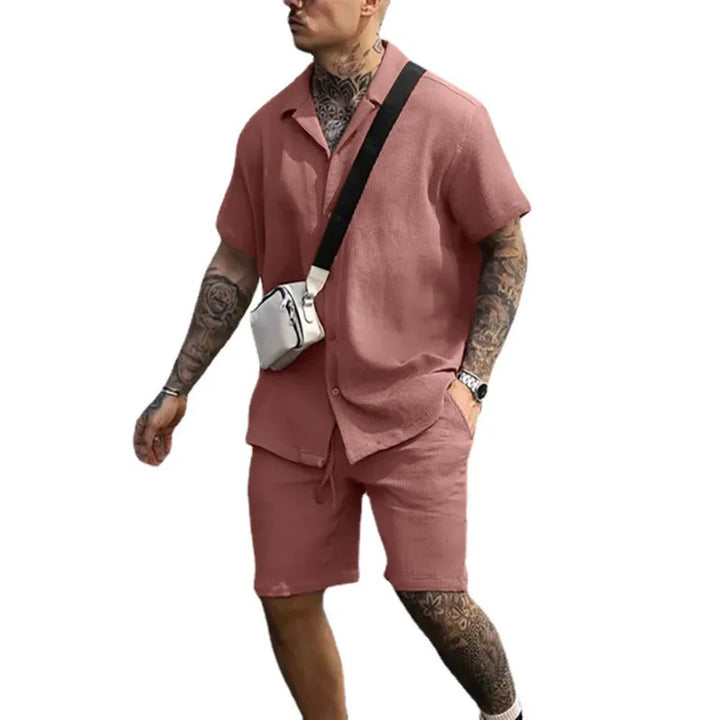 Two-piece summer set for men with shirt and shorts - Milan-Pink-S-State of Style