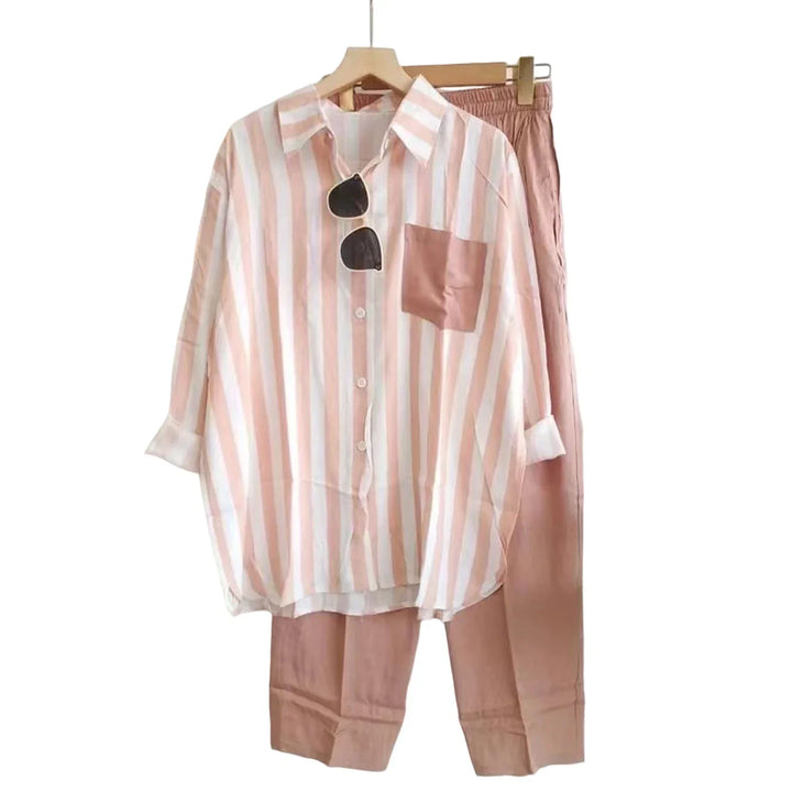 Two-piece summer set made of linen Loose shirt & Wide trousers - Zayenne-Pink-S-State of Style