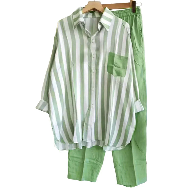 Two-piece summer set made of linen Loose shirt & Wide trousers - Zayenne-Rose pink-S-State of Style