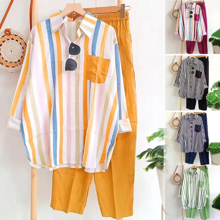 Two-piece summer set made of linen Loose shirt & Wide trousers - Zayenne-Rose pink-S-State of Style