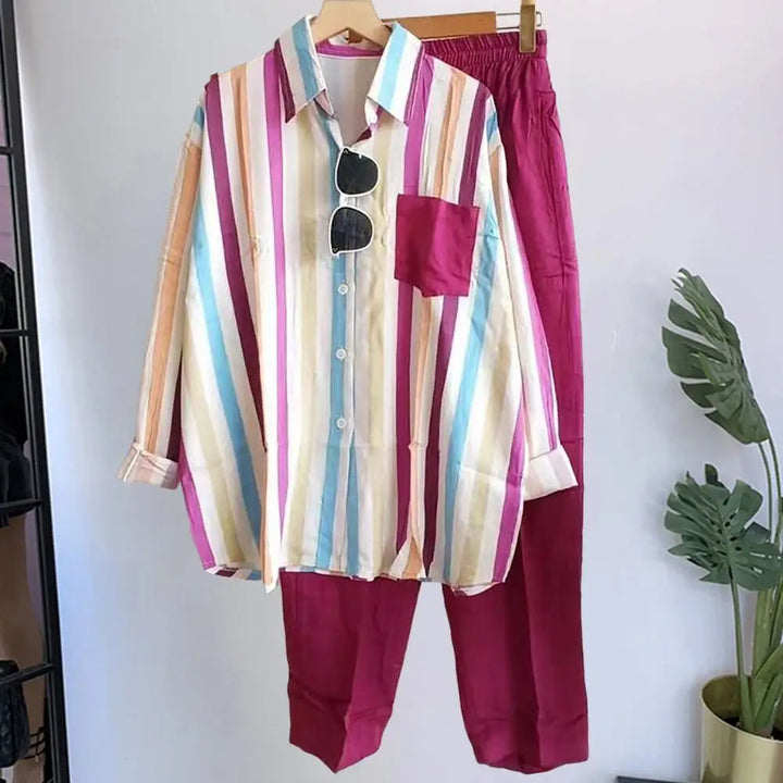 Two-piece summer set made of linen Loose shirt & Wide trousers - Zayenne-Rose pink-S-State of Style