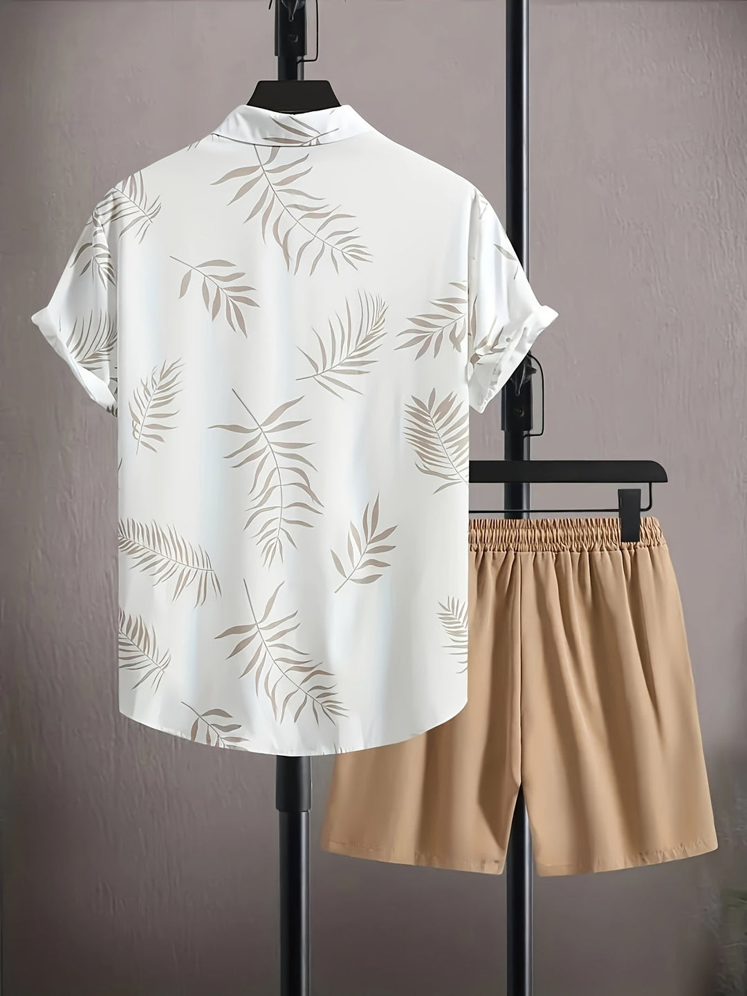 Two-piece summer set men leaf print shirt and shorts - Kiano-White/Brown-M(48)-State of Style
