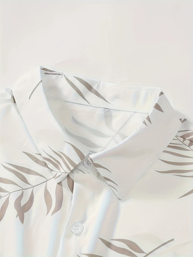 Two-piece summer set men leaf print shirt and shorts - Kiano-White/Brown-M(48)-State of Style