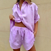 Two-Piece Women's Linen Set with Trendy Cut and Pattern – Malika-Purple-S-State of Style