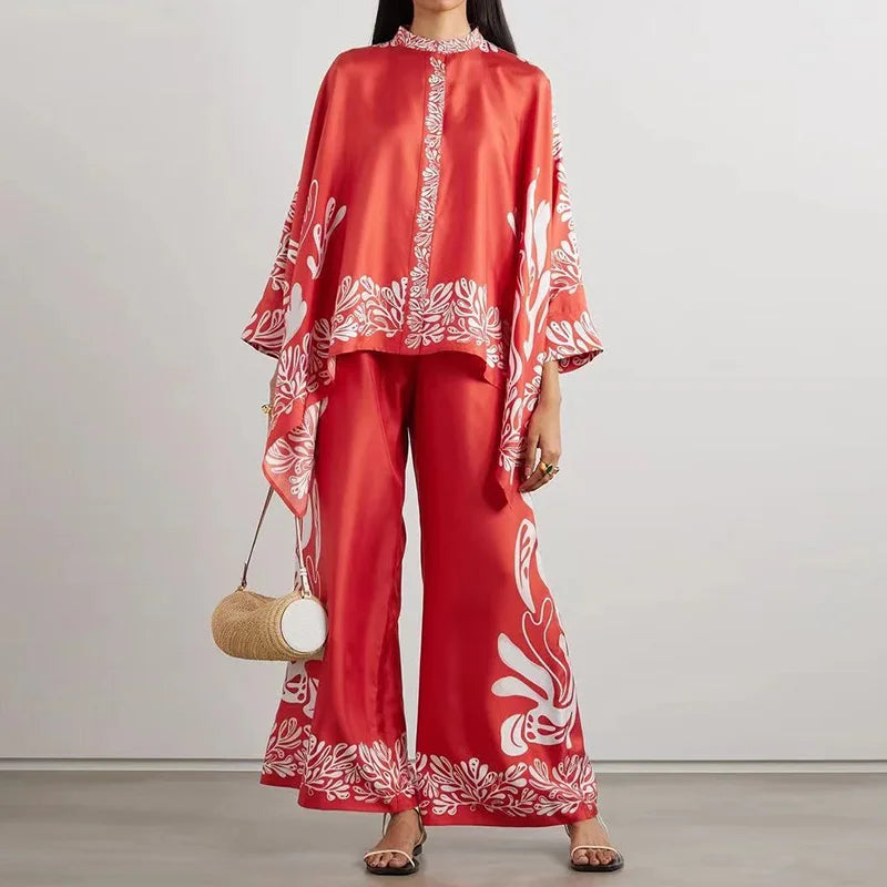 Two-piece Women's Linen Streetwear Set with Ethno Print – Samira-Red-S-State of Style