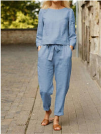 Two-piece women's outfit with round neck t-shirt & trousers with elastic waistband – Nia-Blue-S-State of Style