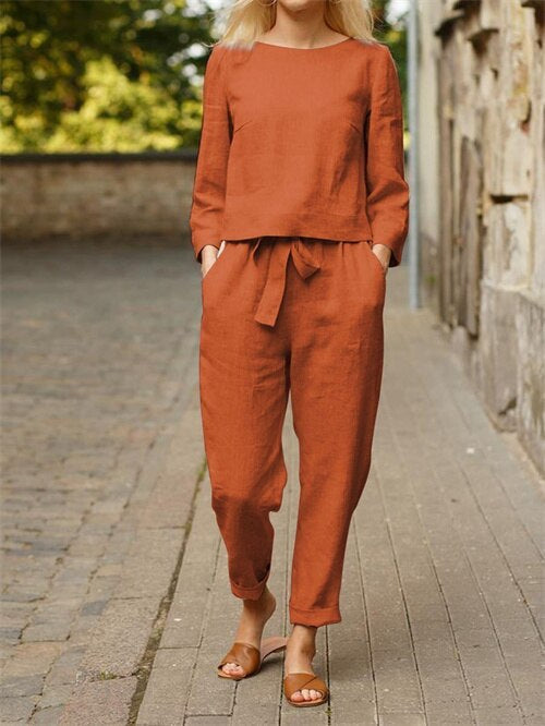 Two-piece women's outfit with round neck t-shirt & trousers with elastic waistband – Nia-Orange-S-State of Style