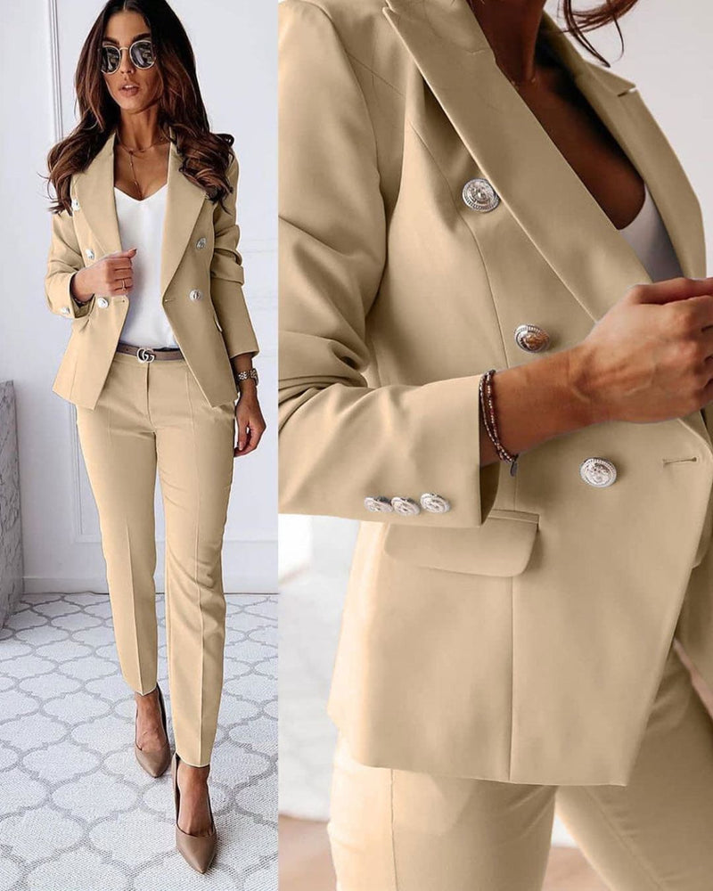 Two-piece women's slim-fit set for modern business looks – Valentina-Beige-S-State of Style