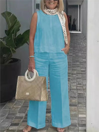 Two-piece women's summer set made of linen with sleeveless blouse – Maelis-Blue-S-State of Style