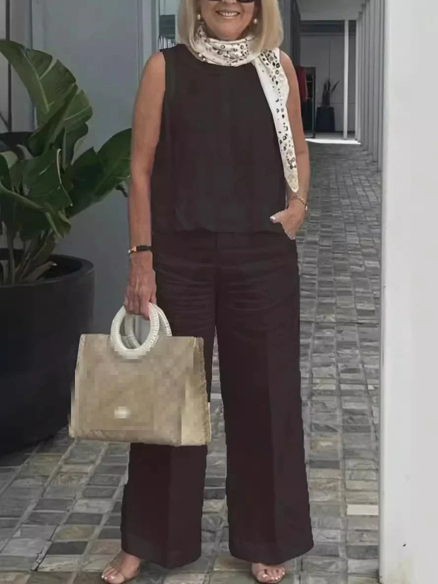 Two-piece women's summer set made of linen with sleeveless blouse – Maelis-Dark brown-S-State of Style