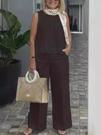 Two-piece women's summer set made of linen with sleeveless blouse – Maelis-Dark brown-S-State of Style
